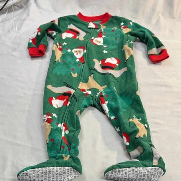 Carter's - Festive Green and Red Kids One Piece Fleece Footed Sleeper - Picture 2 of 5